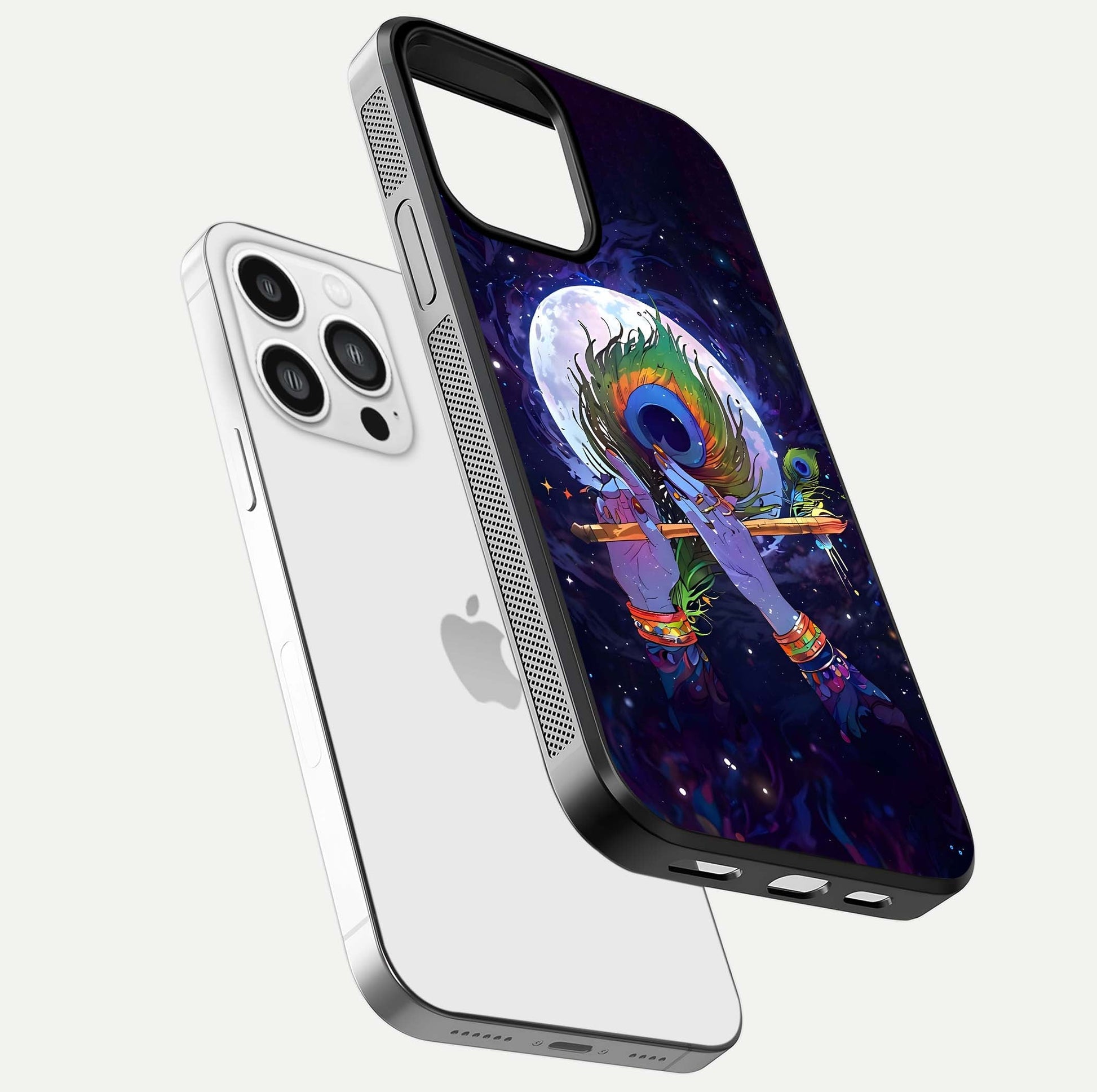 Krishna Hands Art Glass Case for iPhone 13 Pro Max floating dual-view mockup showing premium gloss reflection