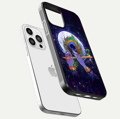 Krishna Hands Art Glass Case for iPhone 13 Pro Max floating dual-view mockup showing premium gloss reflection