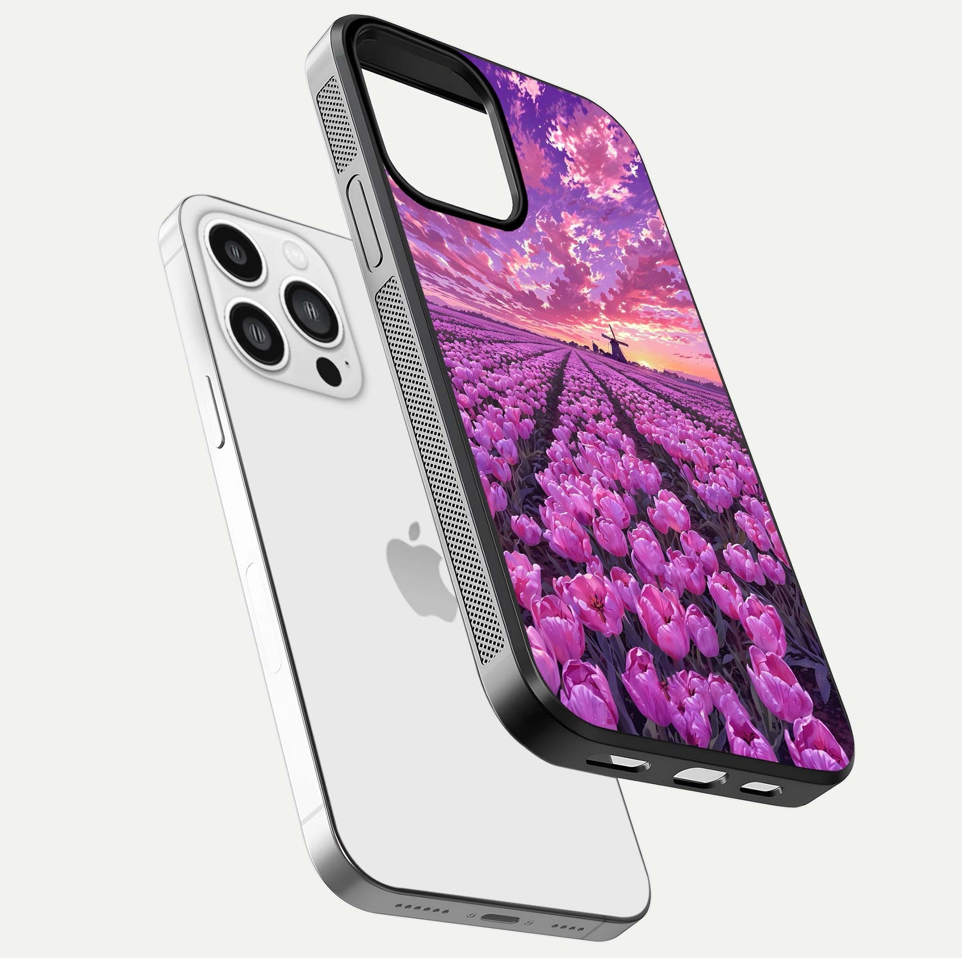 Lavender Dream Skies Glass Case for iPhone 13 Pro Max floating dual-view mockup showing gloss polish and pastel design