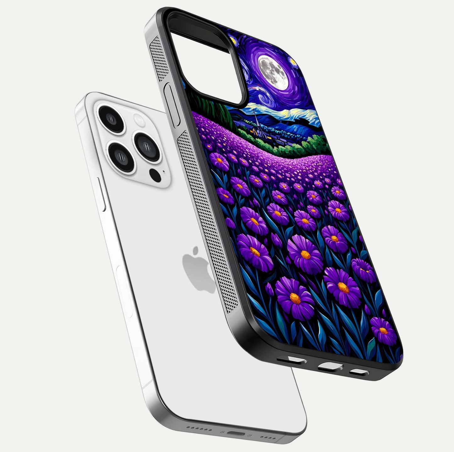 Lavender Moon Field Glass Case for iPhone 13 Pro Max floating dual-view mockup showing gloss surface and floral glow