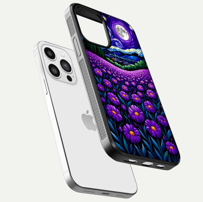 Lavender Moon Field Glass Case for iPhone 13 Pro Max floating dual-view mockup showing gloss surface and floral glow