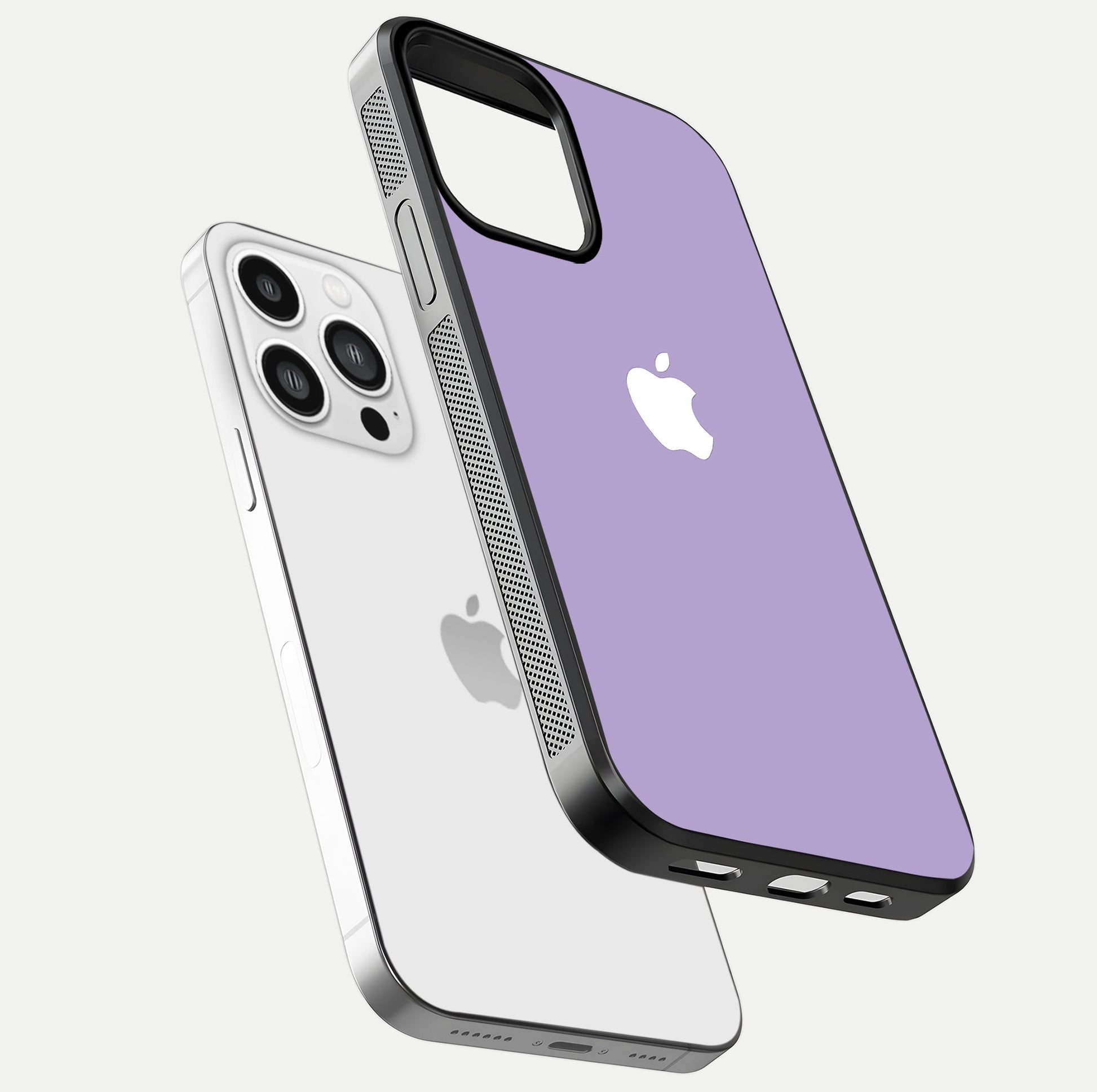 Lavender Soft Minimal Glass Case for iPhone 13 Pro Max floating dual-view mockup showing gloss reflection and pastel tone