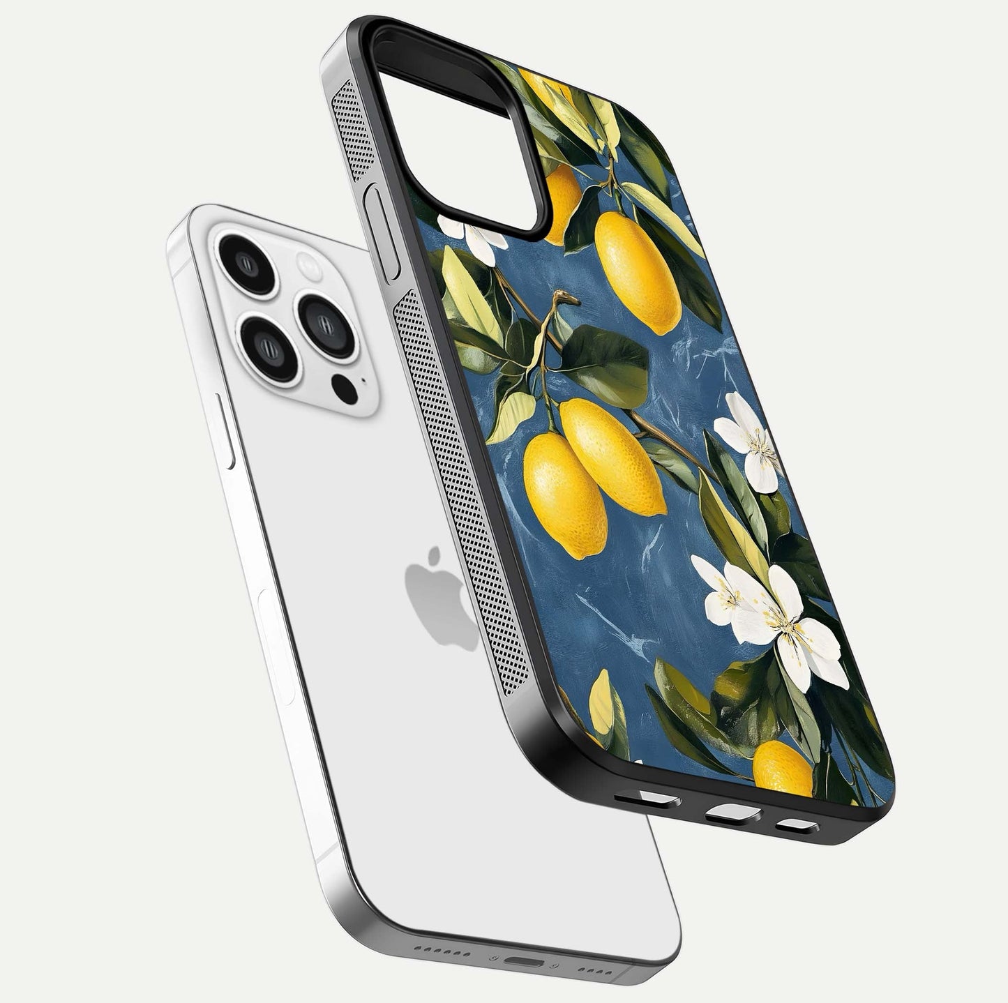 Lemon Dream Garden Glass Case for iPhone 13 Pro Max floating dual-view mockup showing gloss brightness and vivid yellow print