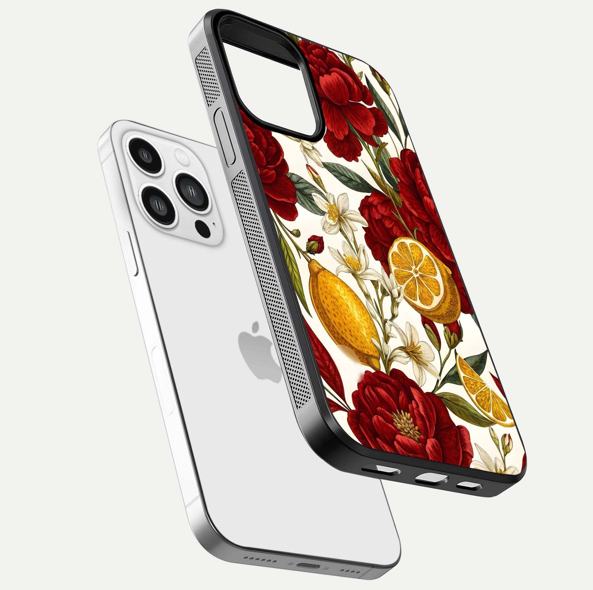 Lemon Rose Charm Glass Case for iPhone 13 Pro Max floating dual-view mockup showing gloss polish and floral gradient