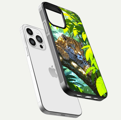 Leopard in Jungle Glass Case for iPhone 13 Pro Max floating dual-view mockup showing gloss finish and HD wild pattern
