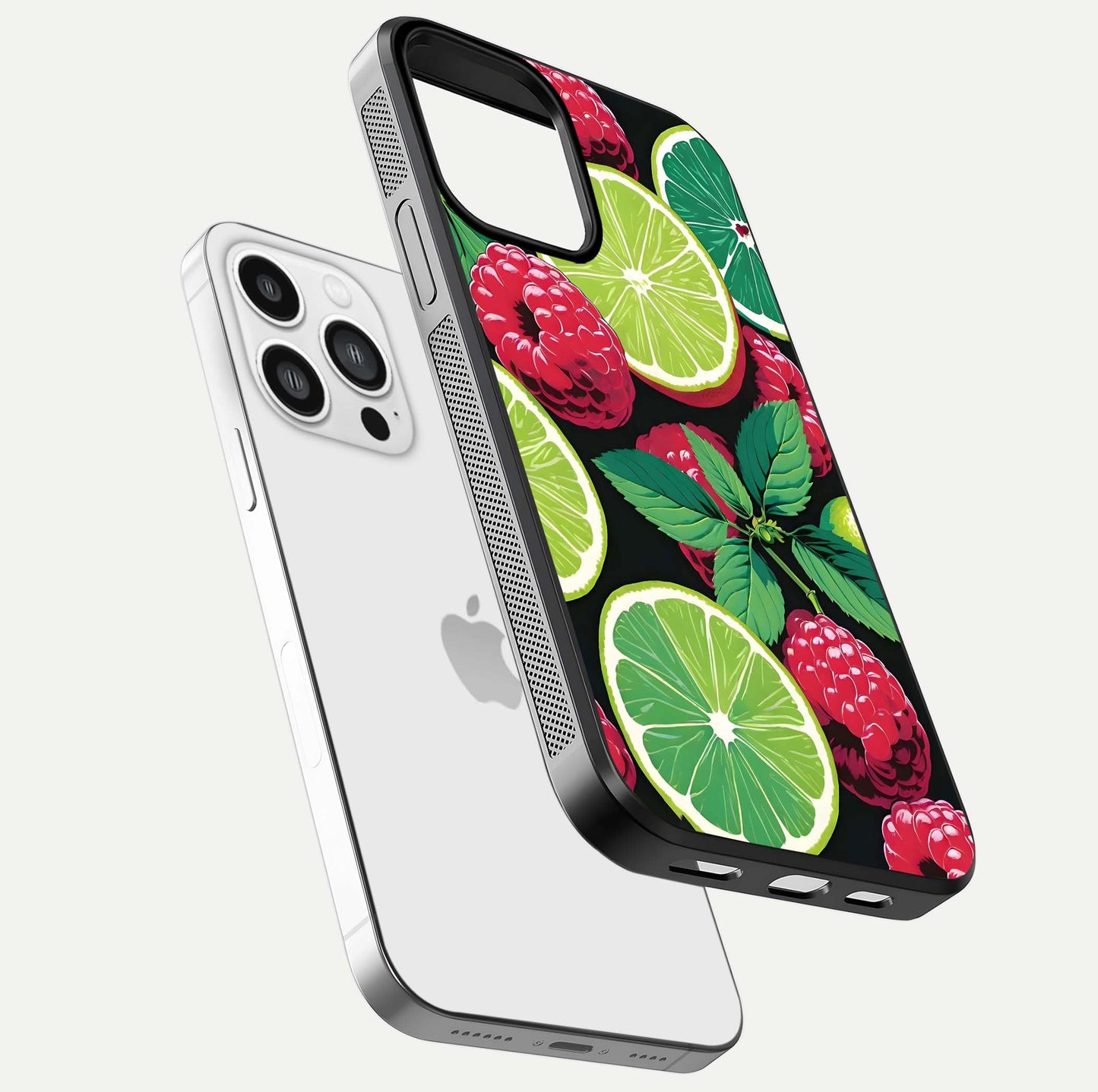 Lime and Raspberry Pattern Glass Case for iPhone 13 Pro Max floating dual-view showing HD gloss and vivid print