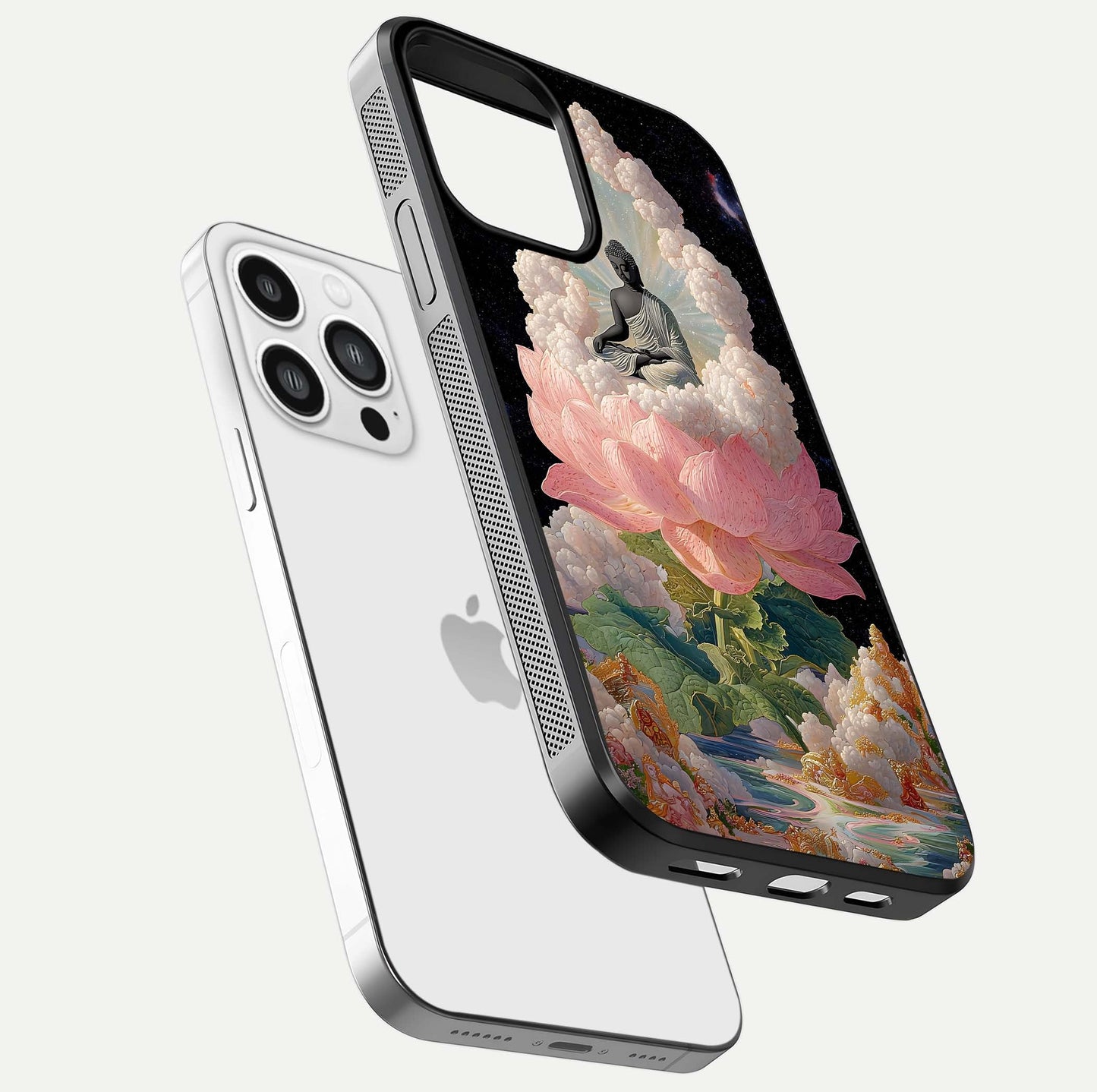 Lotus Divine Peace Glass Case for iPhone 13 Pro Max floating dual-view mockup with glass glow and spiritual calm art