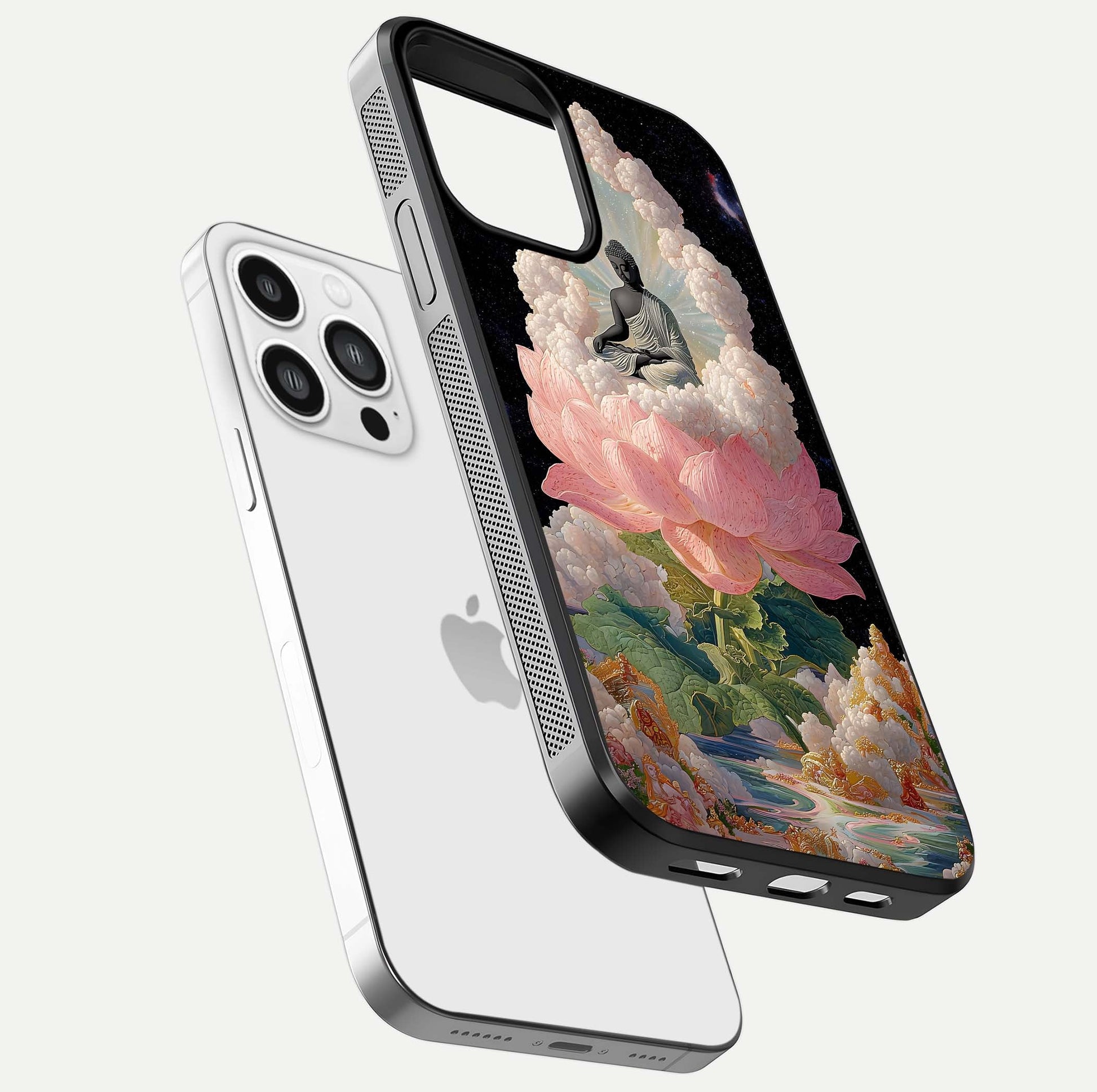Lotus Divine Peace Glass Case for iPhone 13 Pro Max floating dual-view mockup with glass glow and spiritual calm art