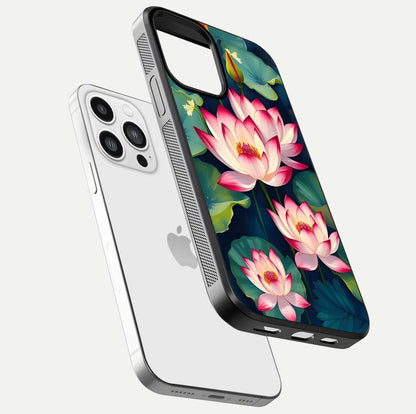 Lotus Dream Serenity Glass Case for iPhone 13 Pro Max floating dual-view mockup highlighting HD gloss glow