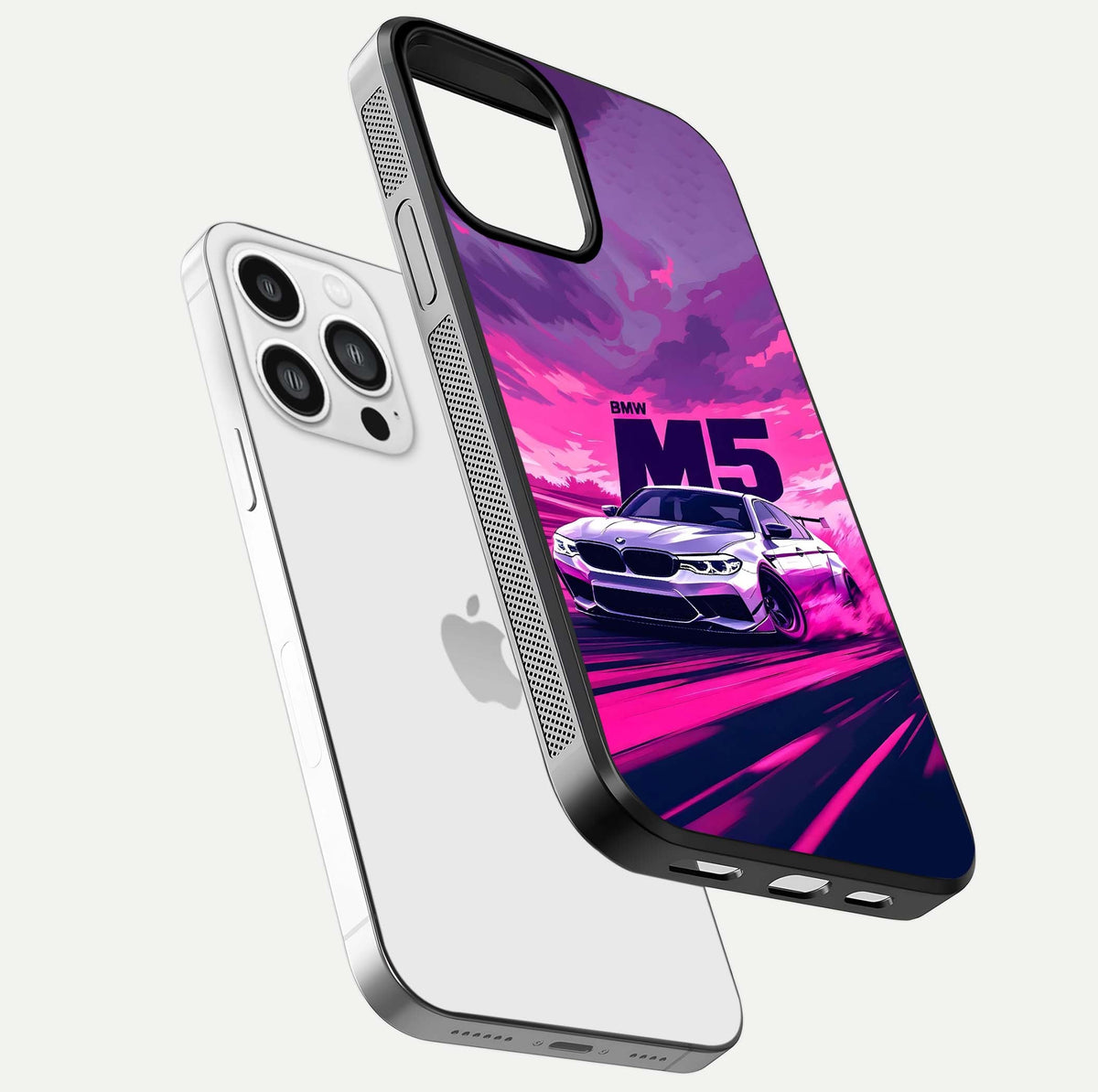 MS Neon Car Glass Case for iPhone 13 Pro Max floating dual-view mockup showing HD gloss and electric color tones