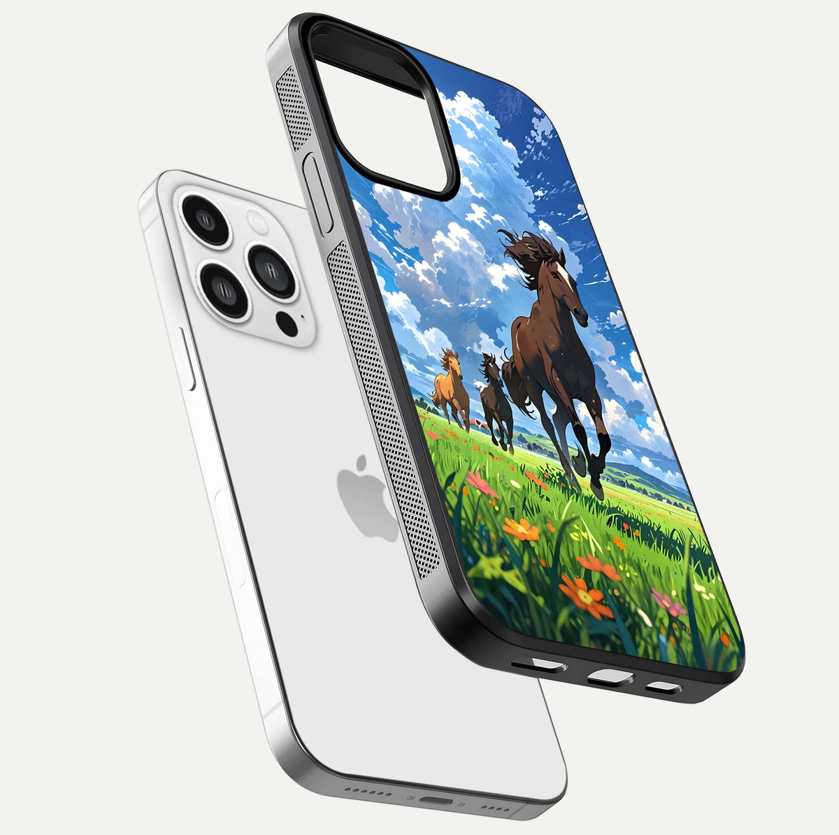 Majestic Horses Galloping Glass Case for iPhone 13 Pro Max floating dual-view mockup showing gloss texture and vivid tones