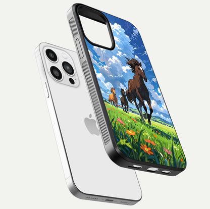 Majestic Horses Galloping Glass Case for iPhone 13 Pro Max floating dual-view mockup showing gloss texture and vivid tones