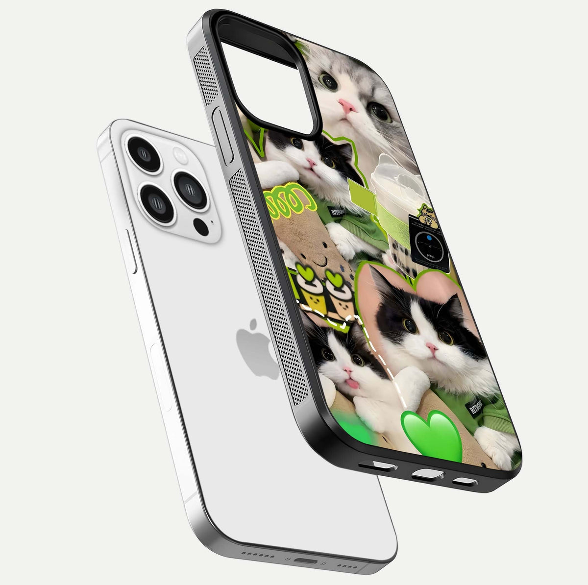 Matcha Cats Mood Glass Case for iPhone 13 Pro Max floating dual-view mockup showing HD gloss surface and soft tones