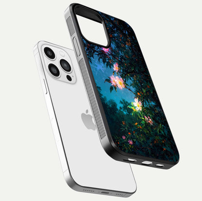 Midnight Bloom Glow Glass Case for iPhone 13 Pro Max floating dual-view mockup showing HD gloss and floral contrast