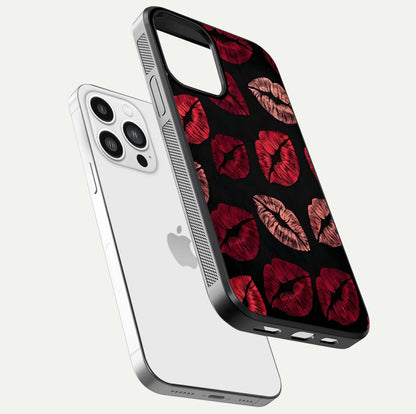 Midnight Kiss Love Glass Case for iPhone 13 Pro Max floating dual-view mockup showing HD gloss and elegant edge design