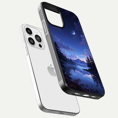 Midnight Lake Peace Glass Case for iPhone 13 Pro Max floating dual-view mockup showing gloss finish and peaceful art