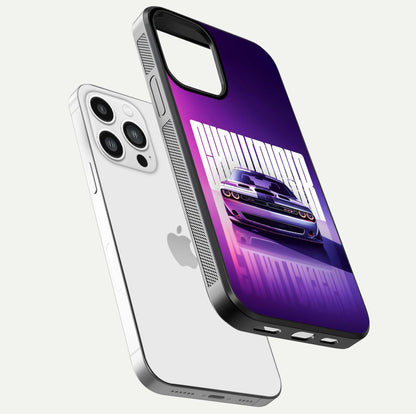 Midnight Muscle Ride Glass Case for iPhone 13 Pro Max floating dual-view mockup showing glossy finish and shine depth
