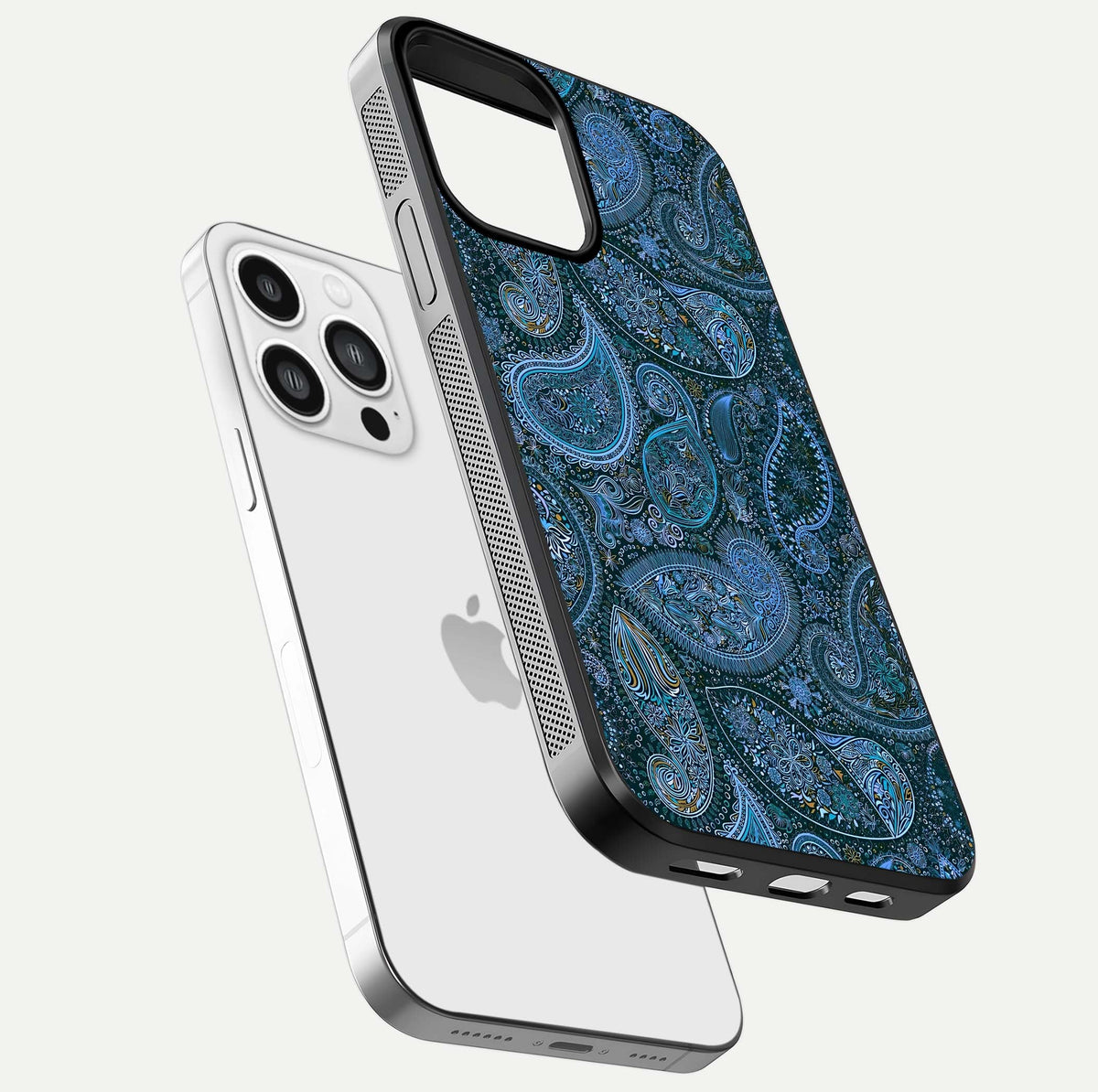 Midnight Paisley Glow Glass Case for iPhone 13 Pro Max floating dual-view mockup showing HD gloss and rich pattern