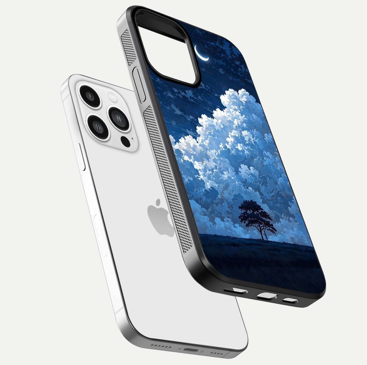 Midnight Sky Serenity Glass Case for iPhone 13 Pro Max floating dual-view mockup showing HD gloss and night shine