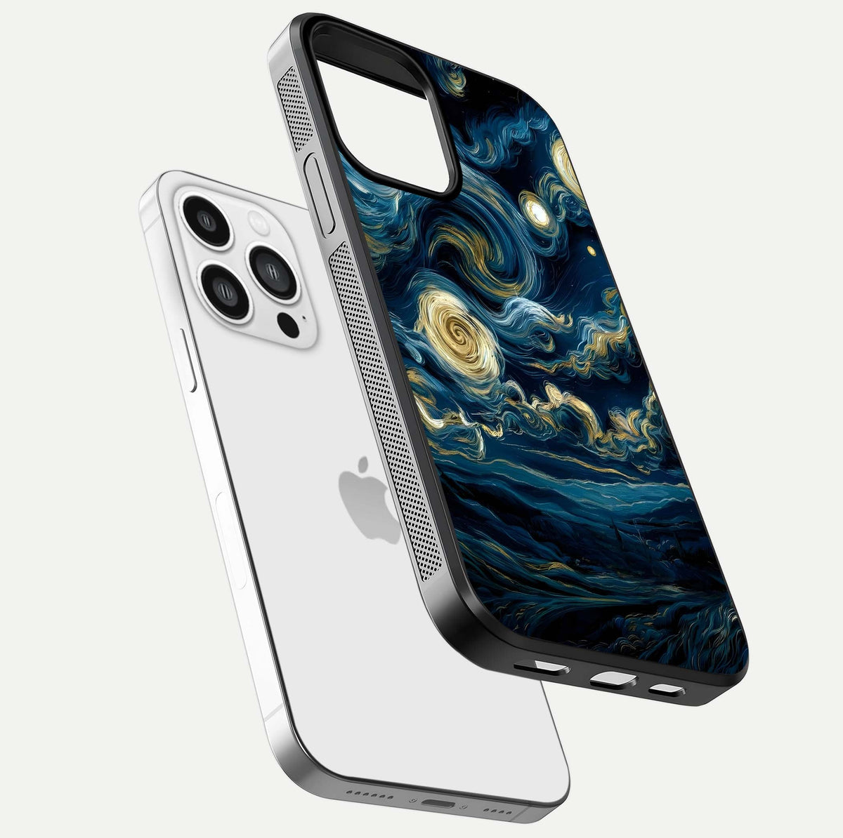 Midnight Sky Whirl Glass Case for iPhone 13 Pro Max floating dual-view mockup showing gloss texture and shine