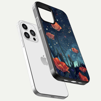 Midnight Tulip Glow Glass Case for iPhone 13 Pro Max floating dual-view mockup showing HD gloss and tulip tone