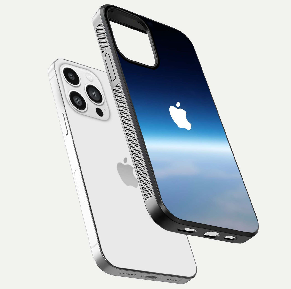 Minimal Apple Sky Glass Case for iPhone 13 Pro Max floating dual-view mockup showing HD gloss and Apple design