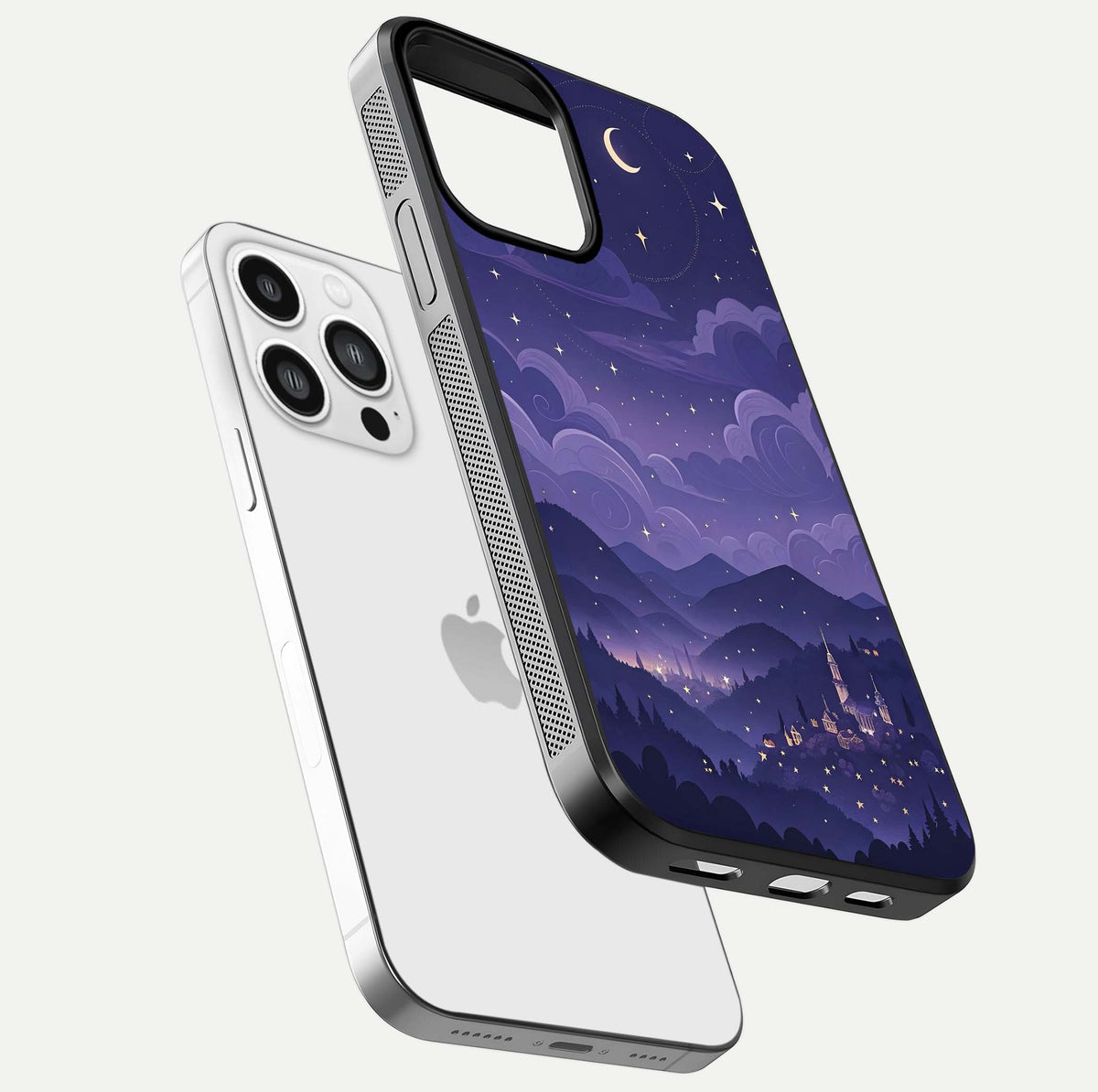 Minimal Night View Glass Case for iPhone 13 Pro Max floating dual-view mockup showing HD gloss and clean lines