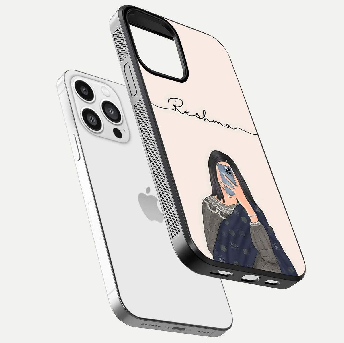 Mirror Mood Muse Custom Name Glass Case for iPhone 13 Pro Max floating dual-view mockup showing reflection and luxury style