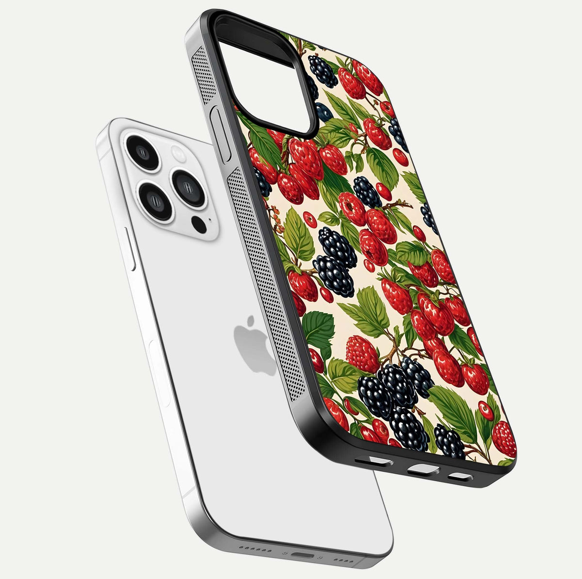 Mixed Berry Collage Glass Case for iPhone 13 Pro Max floating dual-view mockup showing gloss depth and vibrant design