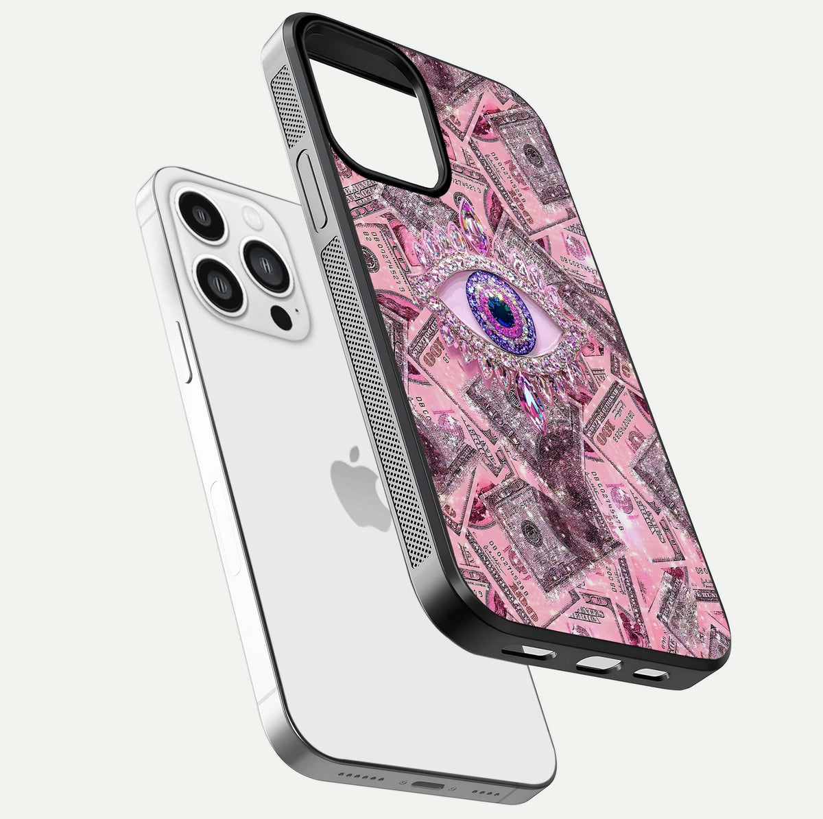 Money Eye Luxe Glass Case for iPhone 13 Pro Max floating dual-view mockup showing gloss surface and premium look