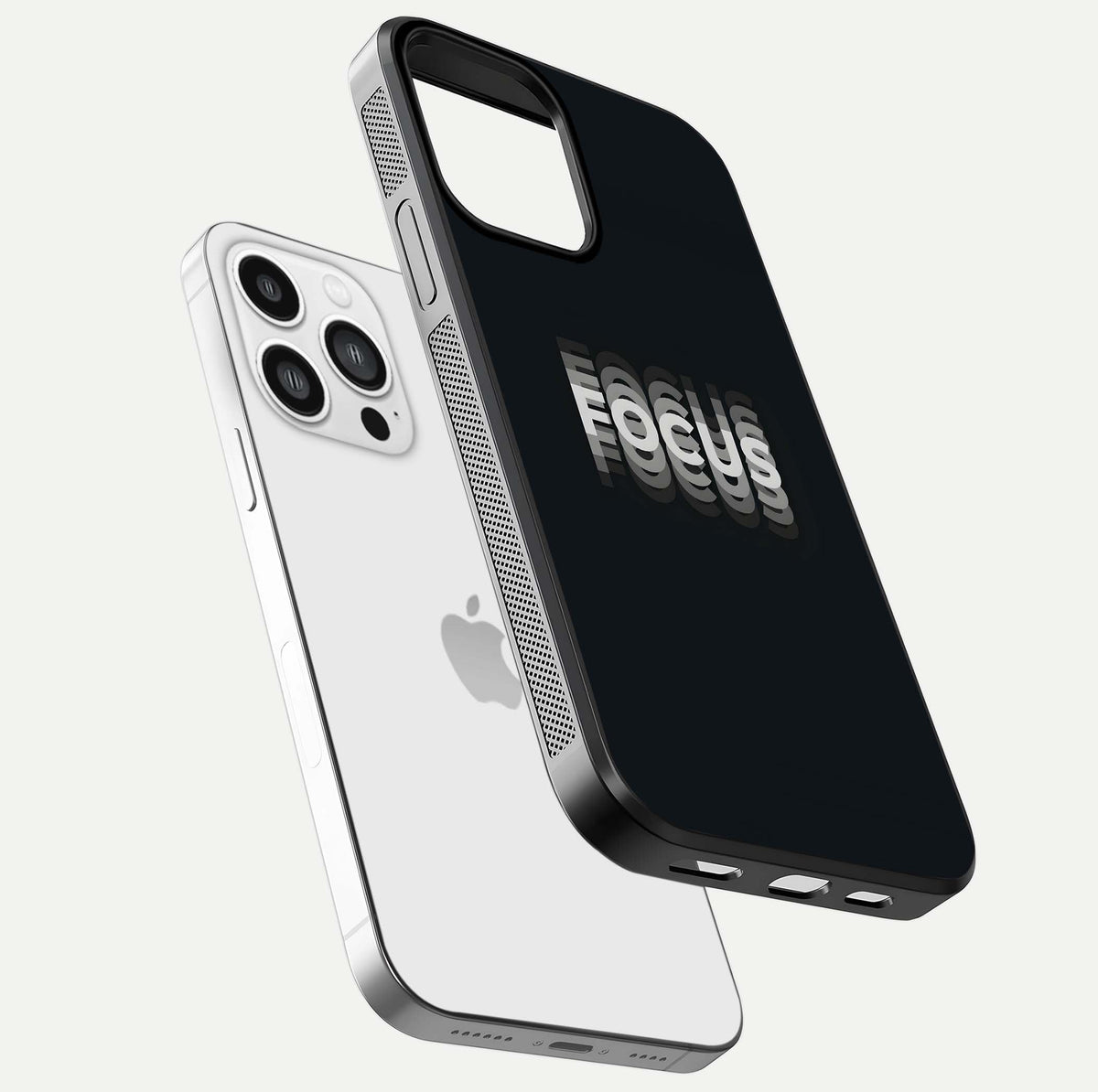 Mono Focus Vision Glass Case for iPhone 13 Pro Max floating dual-view mockup showing HD gloss and elegant simplicity