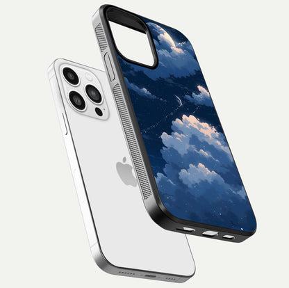 Moon Dream Haze Glass Case for iPhone 13 Pro Max floating dual-view mockup showing gloss texture and calm tones