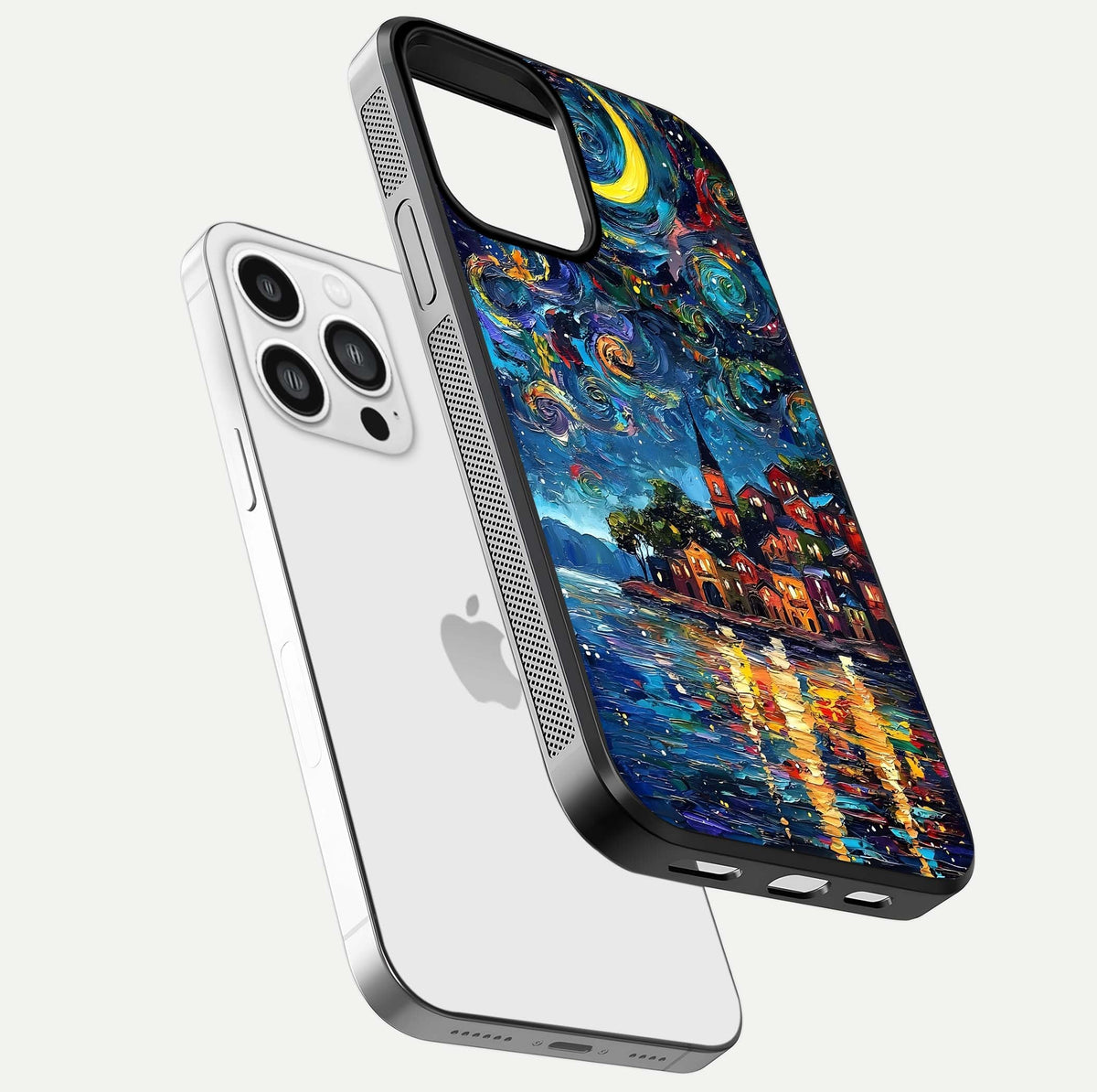 Moonlight Harbor Glow Glass Case for iPhone 13 Pro Max floating dual-view mockup showing gloss brightness and glow