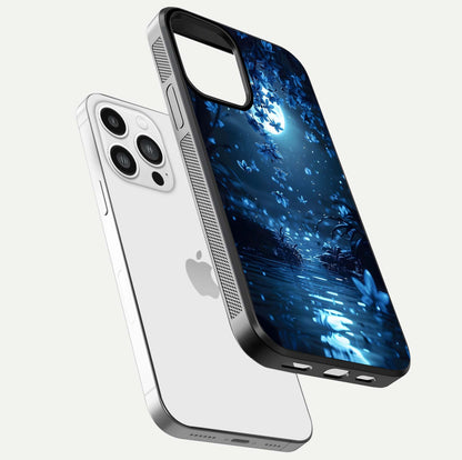 Moonlight Petal Dream Glass Case for iPhone 13 Pro Max floating dual-view mockup showing HD gloss and dreamy art