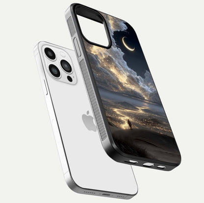 Moonlight Spark Path Glass Case for iPhone 13 Pro Max floating dual-view mockup showing gloss finish and shine depth
