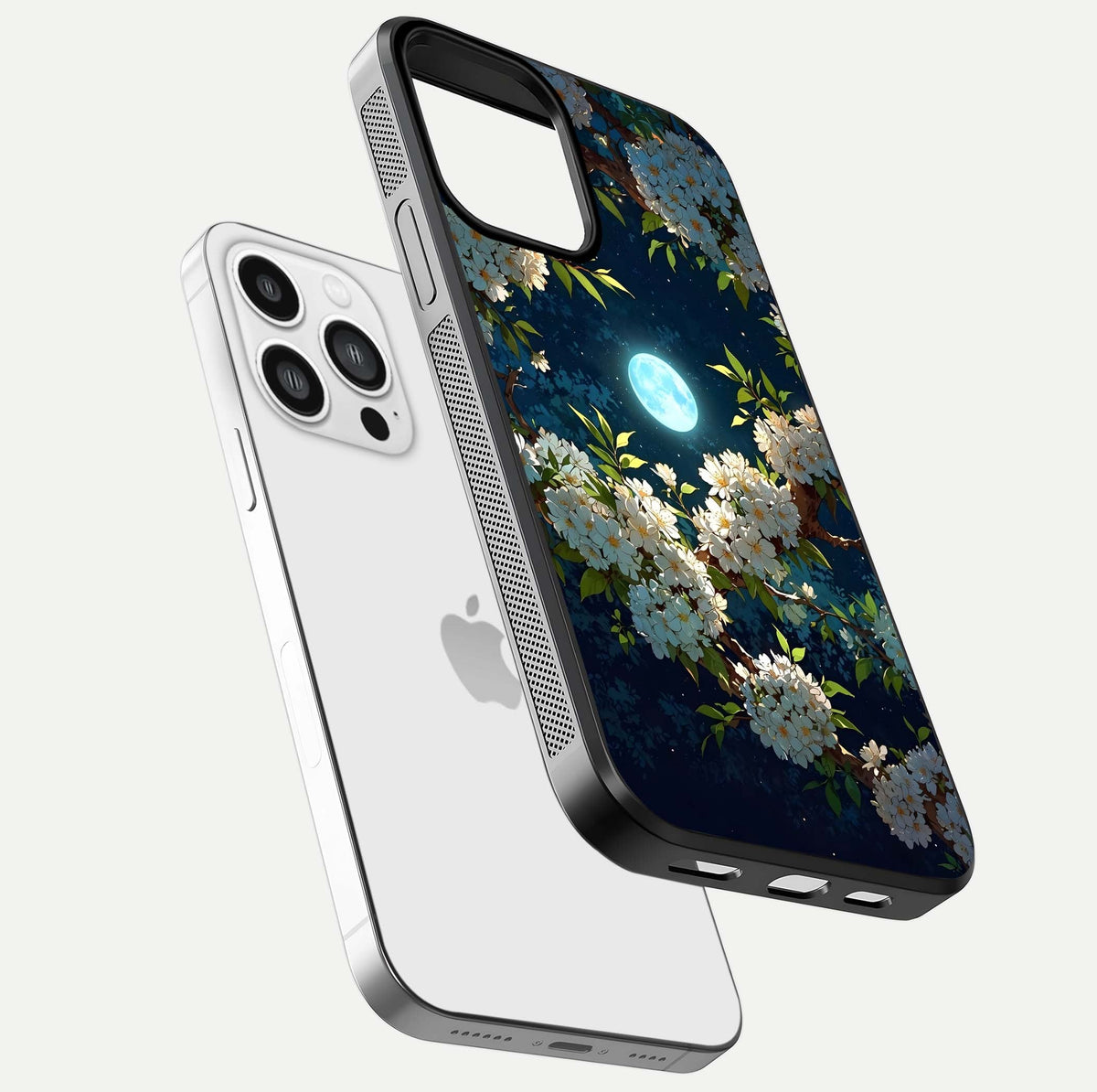 Moonlit Blossom Dream Glass Case for iPhone 13 Pro Max floating dual-view mockup showing gloss texture and floral tone