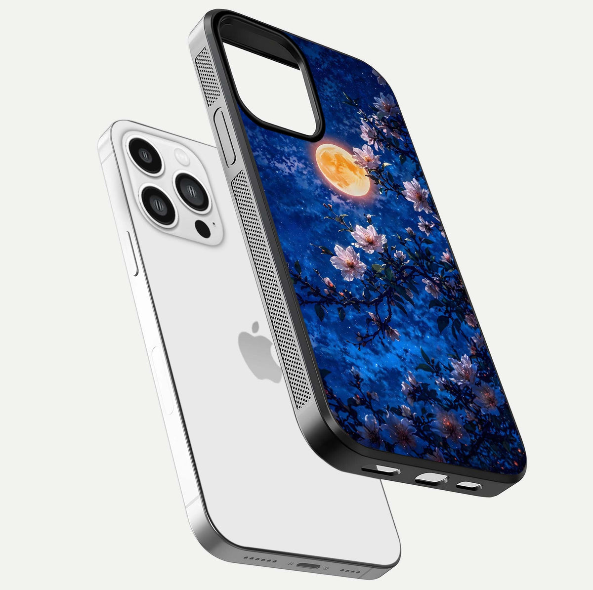 Moonlit Blossoms Night Glass Case for iPhone 13 Pro Max floating dual-view mockup showing HD gloss and floral contrast