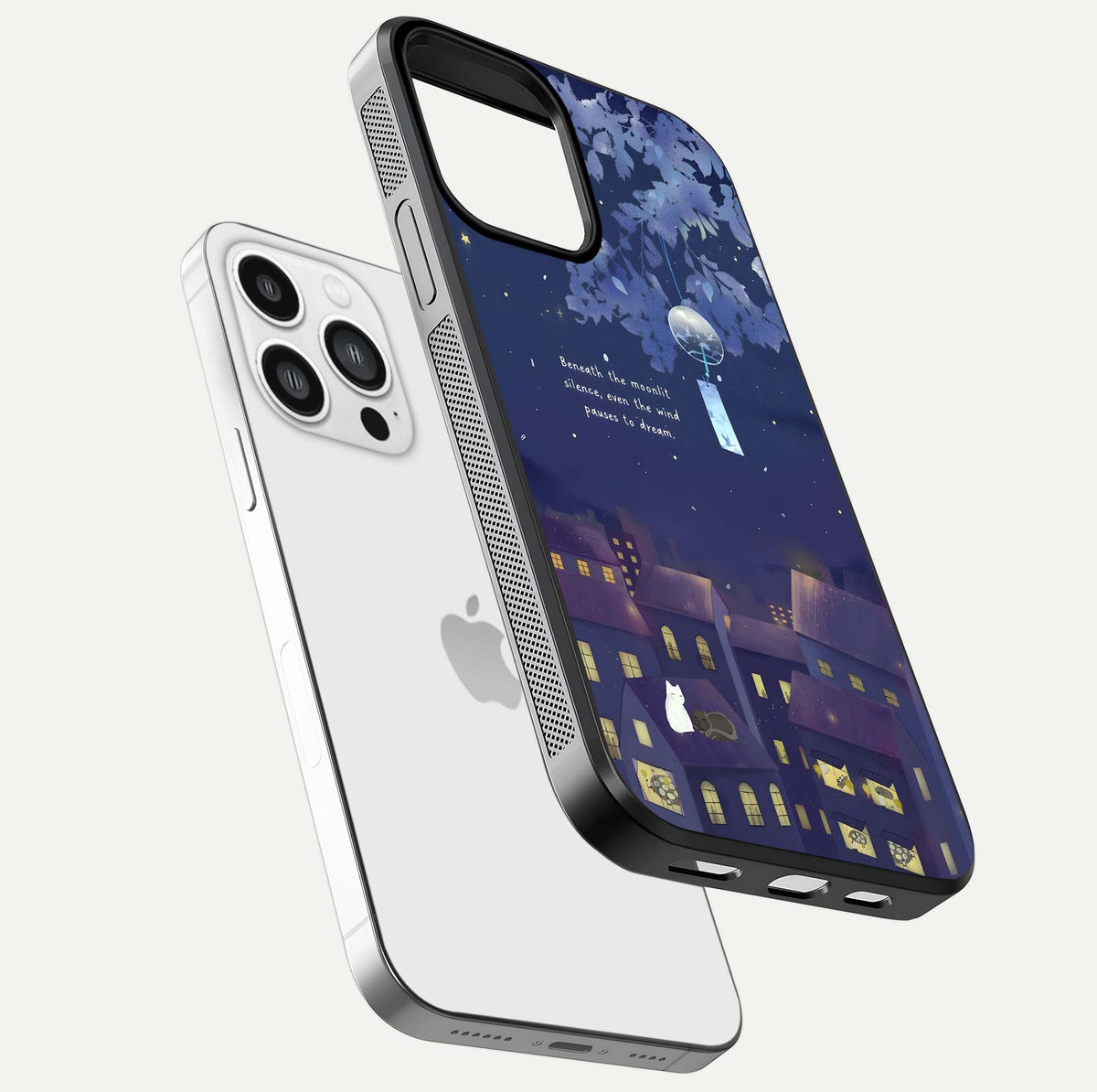 Moonlit Cat Silence Glass Case for iPhone 13 Pro Max floating dual-view mockup showing gloss reflection and moon art