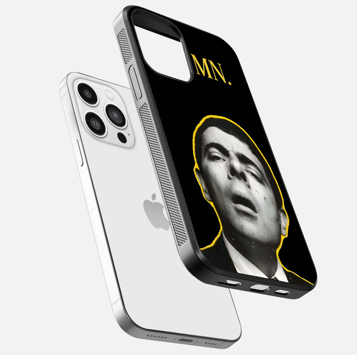 Mr Bean Damn Glass Case for iPhone 13 Pro Max floating dual-view mockup showing reflective gloss and vivid tones