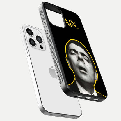 Mr Bean Damn Glass Case for iPhone 13 Pro Max floating dual-view mockup showing reflective gloss and vivid tones