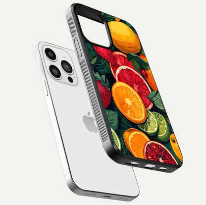 Multiple Fruits Glass Case for iPhone 13 Pro Max floating dual-view mockup showing reflection depth and freshness