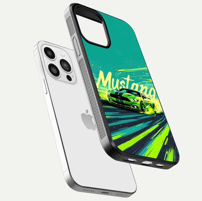 Mustang Bang Glass Case for iPhone 13 Pro Max floating dual-view mockup showing gloss depth and power design