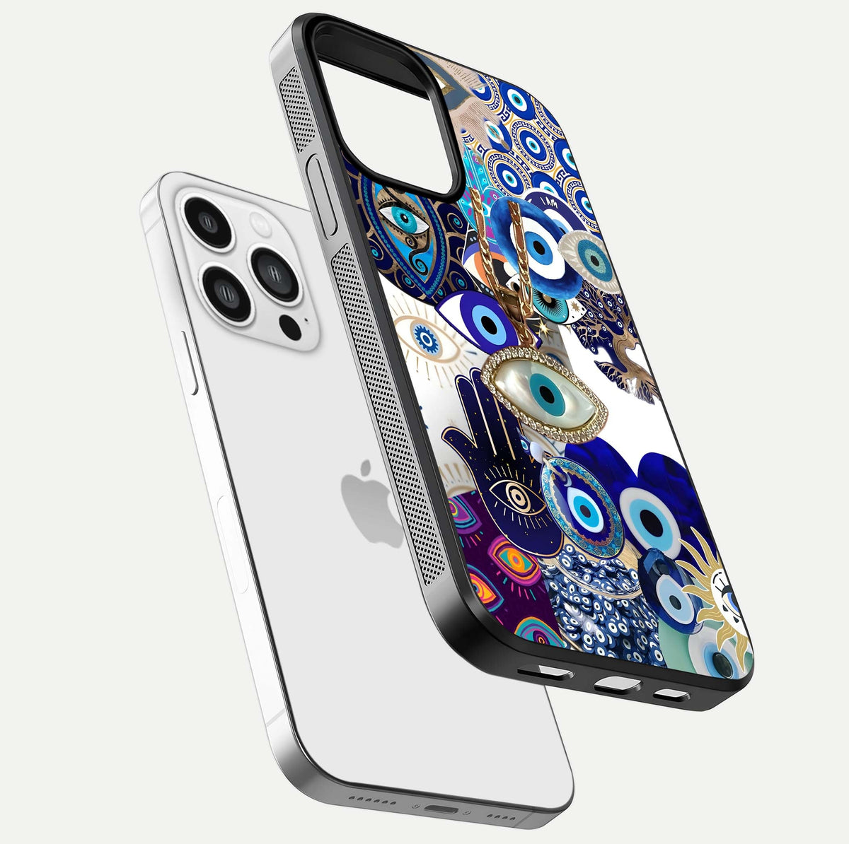 Mystic Charm Eye Glass Case for iPhone 13 Pro Max floating dual-view mockup showing gloss glow and charm symbol