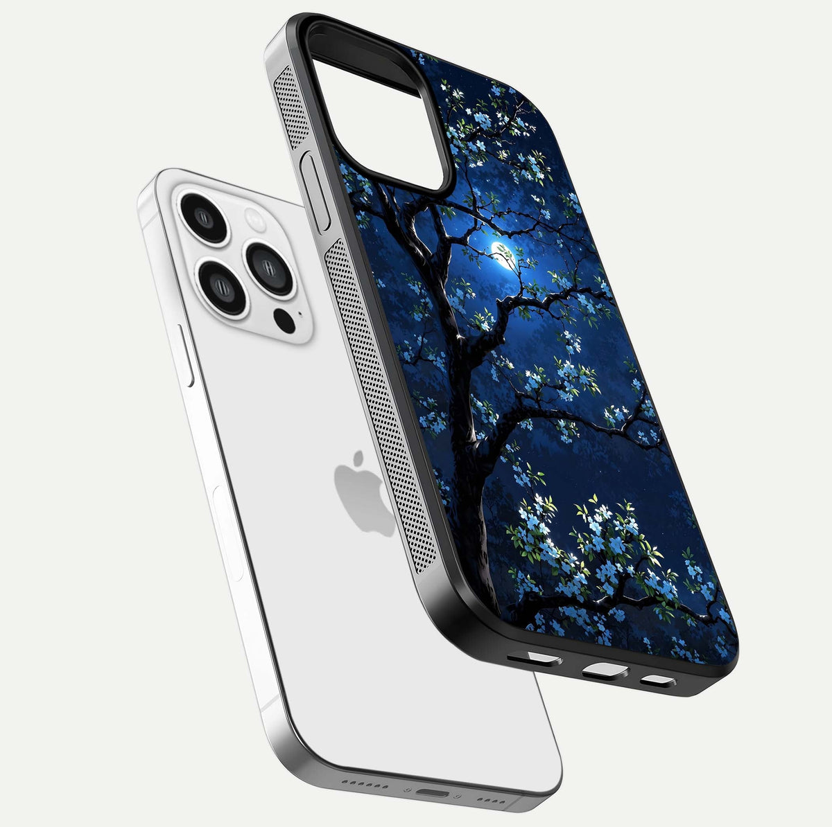 Mystic Floral Night Glass Case for iPhone 13 Pro Max floating dual-view mockup displaying shine and rich color depth
