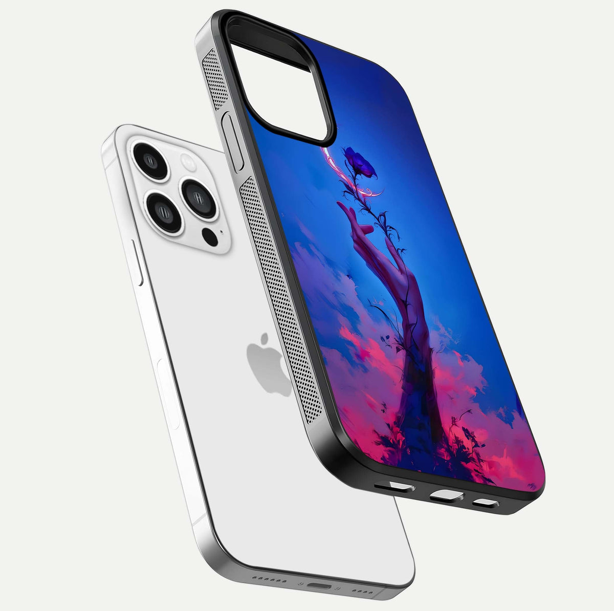 Mystic Hand Glass Case for iPhone 13 Pro Max floating dual-view mockup showing HD shine and fine palm detail