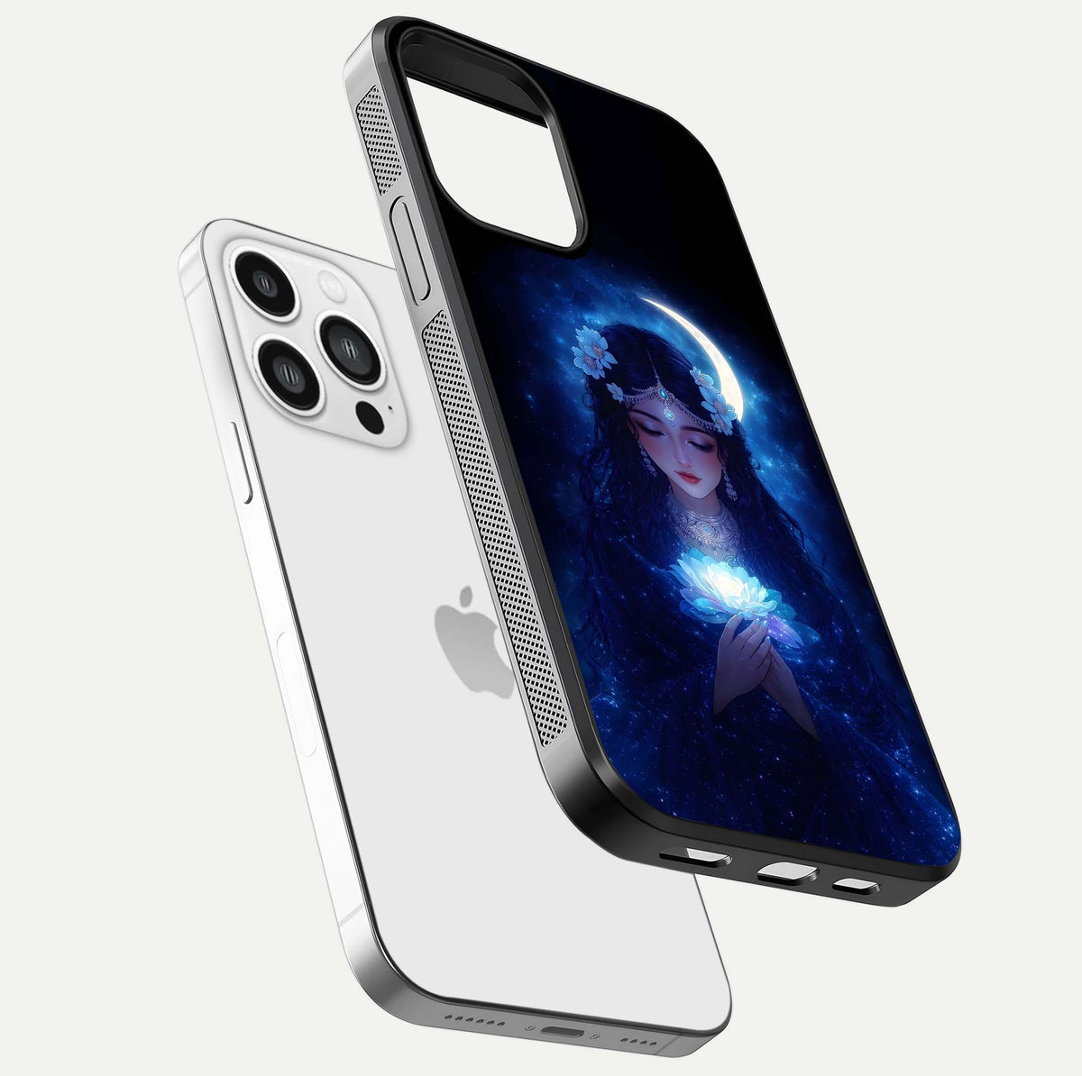 Mystic Moon Queen Glass Case for iPhone 13 Pro Max floating dual-view mockup showing HD gloss and cosmic glow