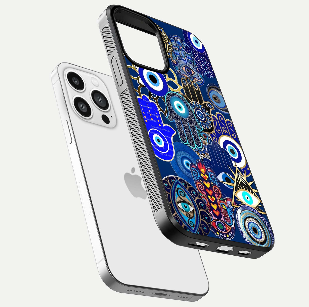 Mystic Palm Guard Glass Case for iPhone 13 Pro Max floating dual-view mockup showing HD reflection and vivid tone