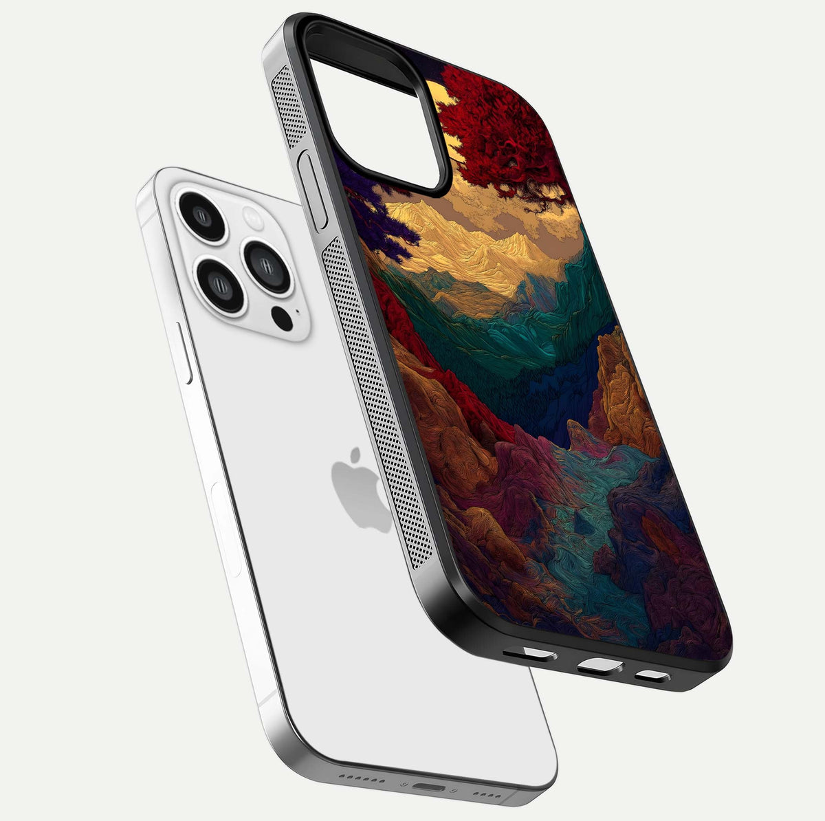 Mystic Valley Light Glass Case for iPhone 13 Pro Max floating dual-view mockup showing HD gloss and light blend