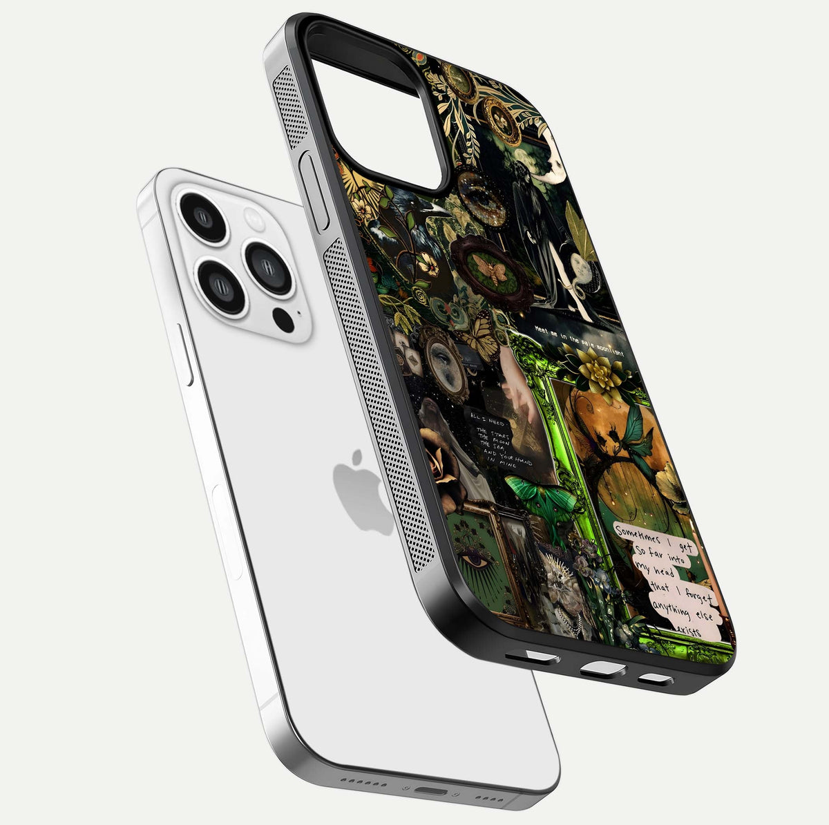 Mystic Woods Secret Glass Case for iPhone 13 Pro Max floating dual-view mockup showing HD shine and depth