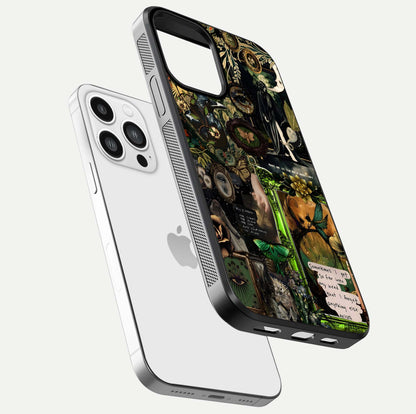 Mystic Woods Secret Glass Case for iPhone 13 Pro Max floating dual-view mockup showing HD shine and depth
